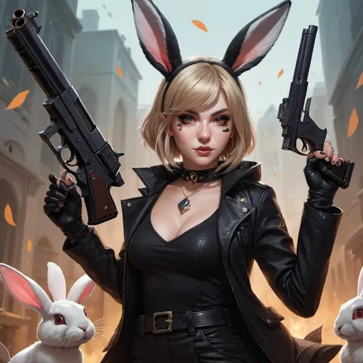 Prompt: a woman in a black outfit with a gun and a rabbit ears on her head and a gun in her hand, Alice Prin, fantasy art, league of legends splash art, a character portrait