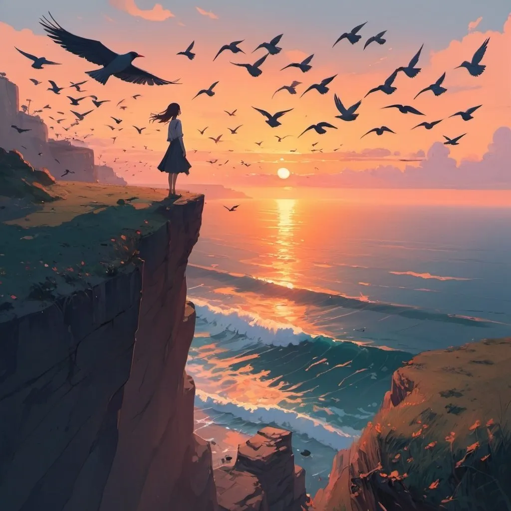 Prompt: a woman standing on a cliff overlooking the ocean with birds flying around her and a sunset in the background, Atey Ghailan, neo-romanticism, anime art, a painting