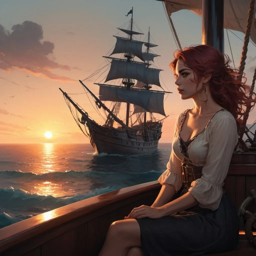 Prompt: a woman sitting on a boat looking at the sunset over the ocean with a pirate ship in the background, Charlie Bowater, fantasy art, cushart krenz, a detailed matte painting