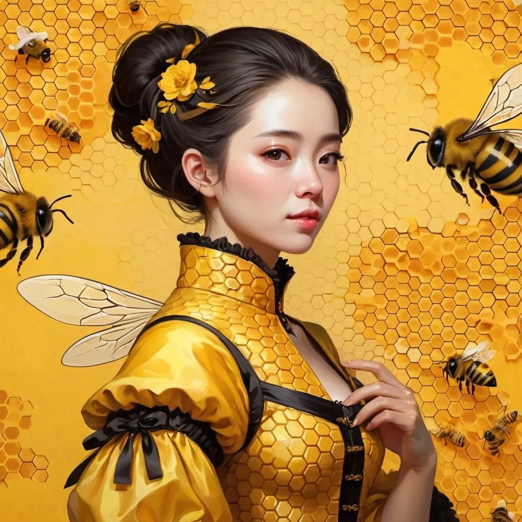 Prompt: a woman with a bee on her shoulder and a bee on her shoulder, in front of a honeycomb background, Fan Qi, rococo, yellow, digital art