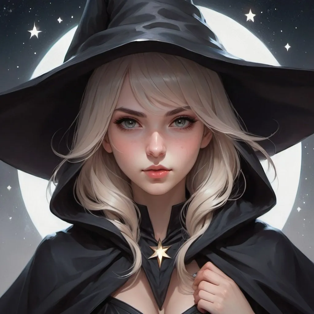 Prompt: a girl wearing a witches hat and a black cloak with stars on it's head and a black cloak over her head, Artgerm, fantasy art, anime art, a character portrait