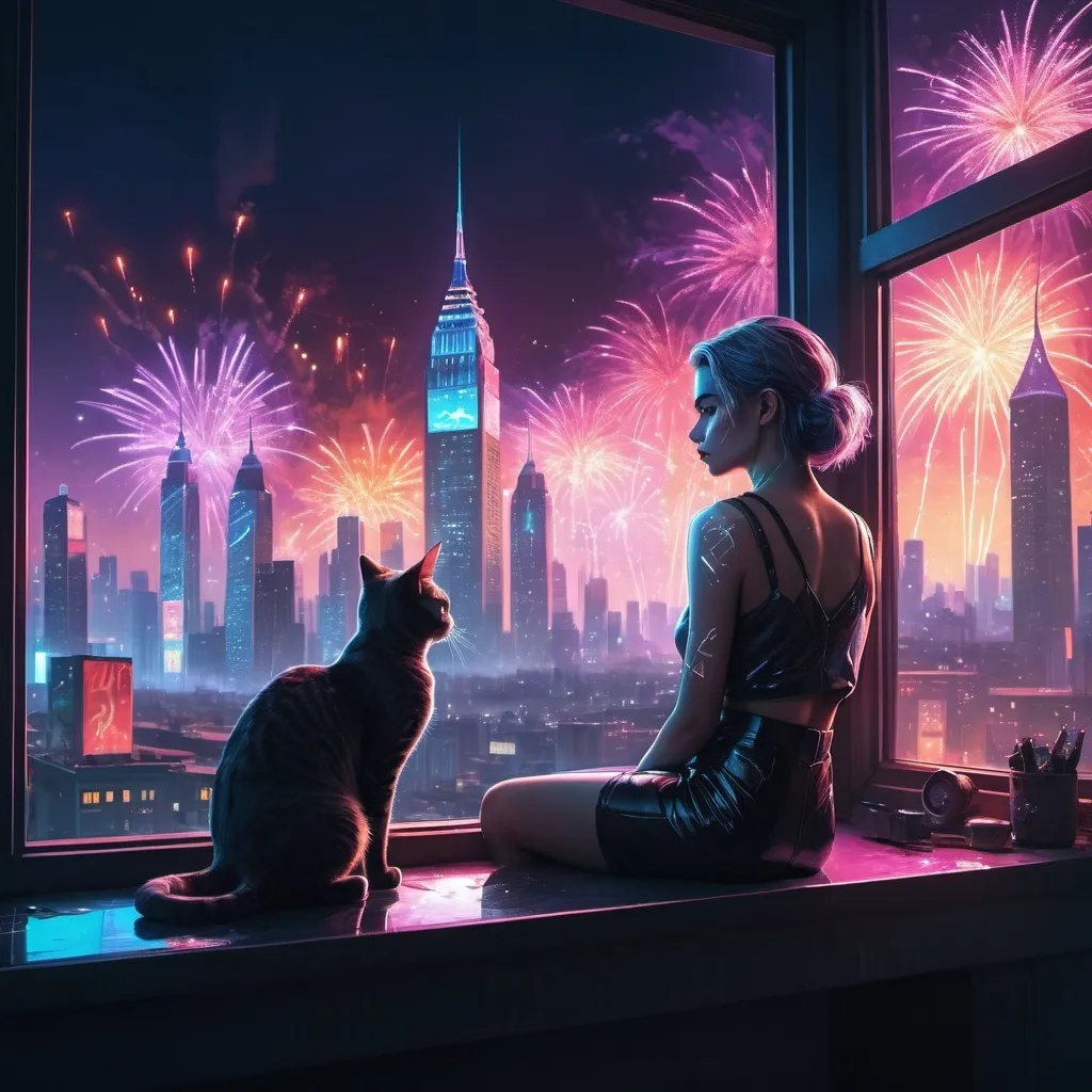 Prompt: a woman sitting on a table in front of a window with fireworks in the background and a cat sitting on the window sill, Elsa Bleda, retrofuturism, city background, cyberpunk art