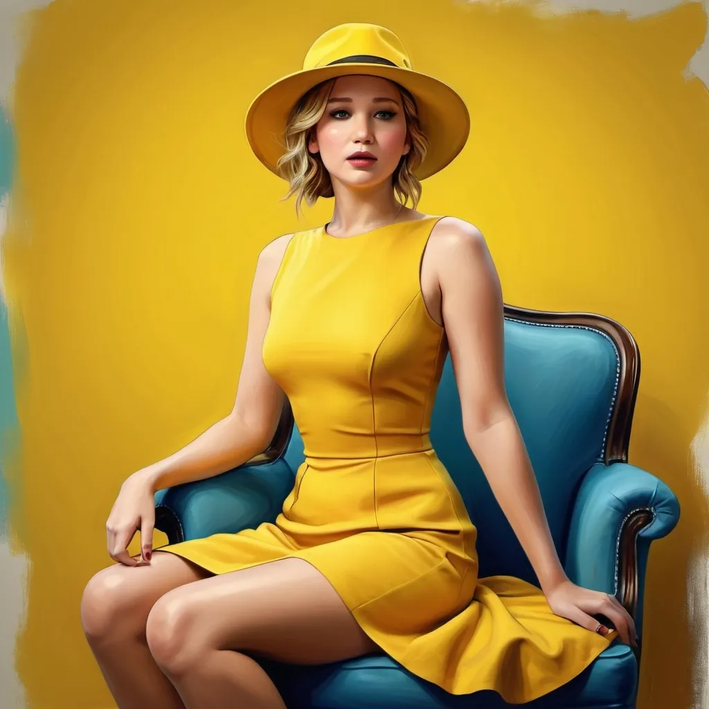 Prompt: a painting of a Jennifer Lawrence in a yellow hat and dress sitting on a chair with her legs crossed and her hand on her hip, Art Brenner, figurative art, highly detailed digital painting, a pop art painting