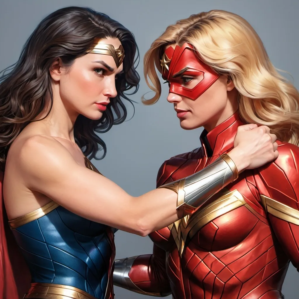 Prompt: Wonder Woman and Captain Marvel Handshake  Artgerm, computer art, stanley artgerm lau, a detailed painting