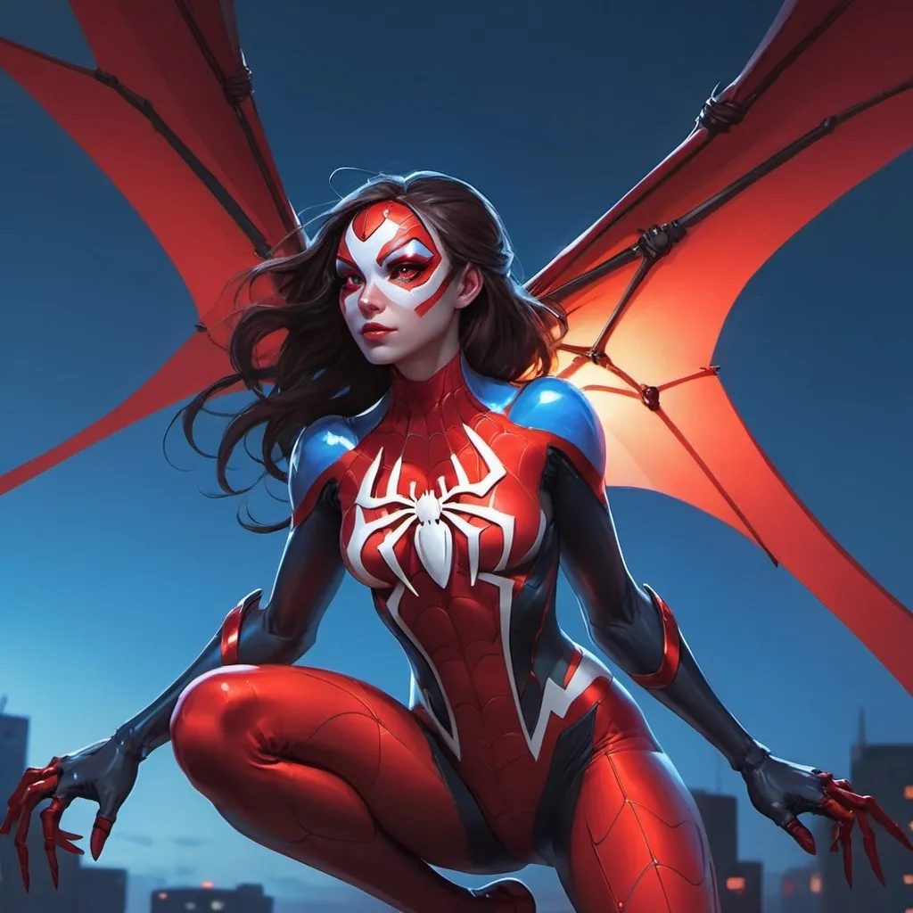 Prompt: Spider woman with wings and a spider suit on, in the dark with a red light behind her and a blue sky, Artgerm, fantasy art, overwatch, cyberpunk art