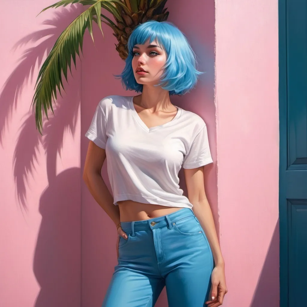 Prompt: a woman with blue hair and a white shirt and blue pants leaning against a pink wall with a palm tree, Art Frahm, fantasy art, rossdraws global illumination, a photorealistic painting