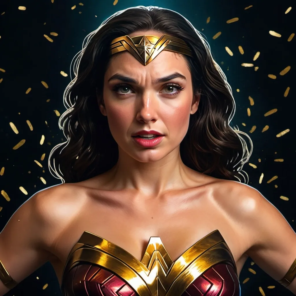 Prompt: Wonder Woman with a gold headpiece and a black background with gold confetti around her neck and a gold ring, Everett Warner, verdadism, woman, poster art