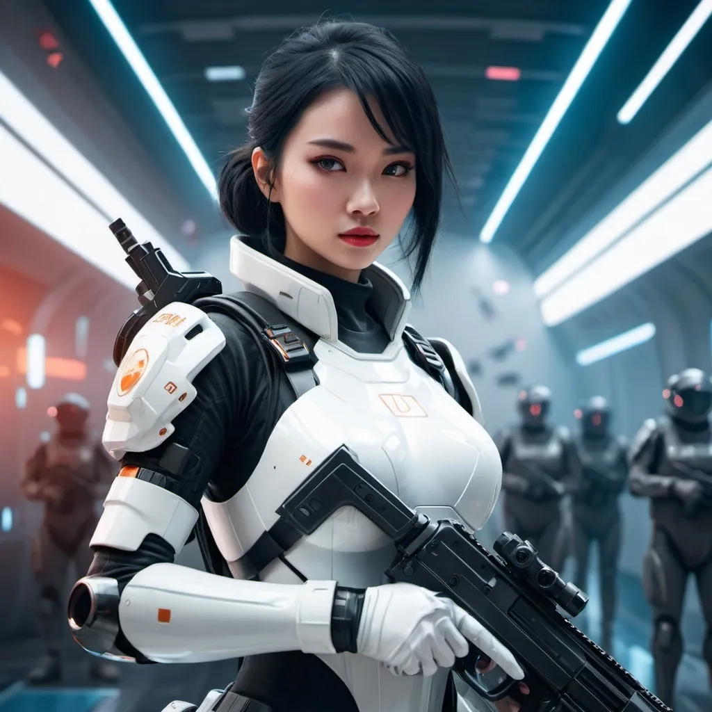 Prompt: a woman(Goose Factory Princess) in a futuristic space suit holding a gun in her hand and looking at the camera with a futuristic background, Du Qiong, sots art, rossdraws global illumination, concept art