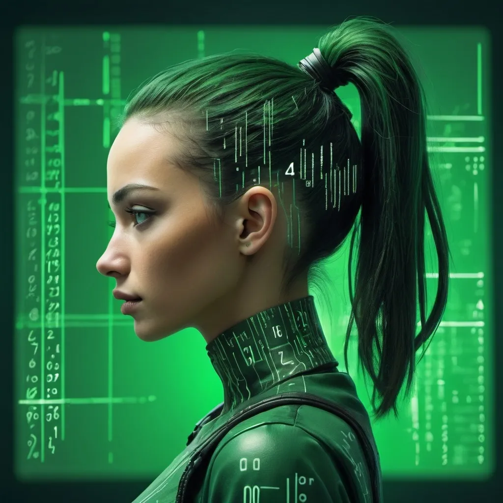 Prompt: a woman with a ponytail standing in front of a green background with numbers and lines on it, and a green background with a woman's head, Cedric Seaut (Keos Masons), computer art, cybernetic, cyberpunk art