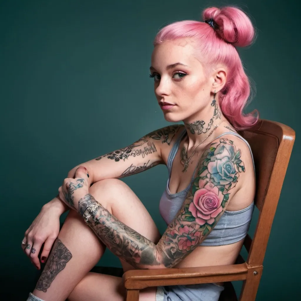 Prompt: a woman with 2 bun Very Long pink hair sitting on a chair with a tattoo on her arm and a tattoo on her shoulder, Eva Frankfurther, synchromism, pink, a colorized photo