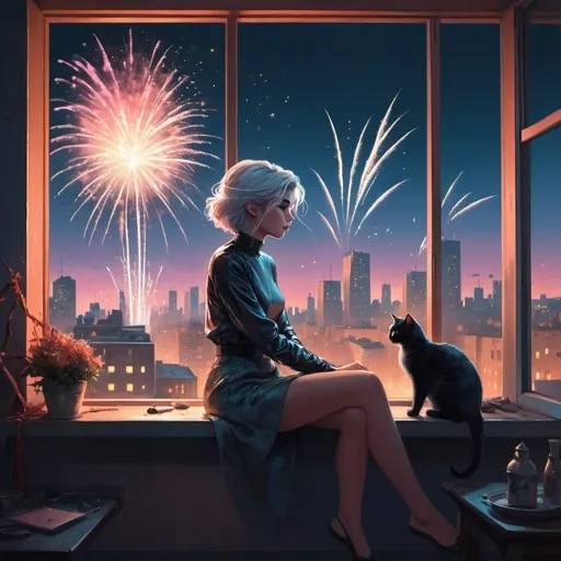 Prompt: a woman sitting on a table in front of a window with fireworks in the background and a cat sitting on the window sill, Elsa Bleda, retrofuturism, city background, cyberpunk art