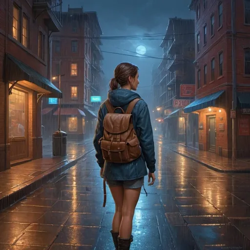 Prompt: a woman standing in the rain with a backpack on her back and a city street in the background at night, Evgeny Lushpin, fantasy art, trending on art station, cyberpunk art