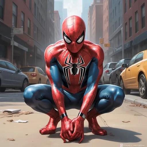 Prompt: a spider man crouching down on the ground with his hands in his pockets and his face in his hands, Artgerm, digital art, stanley artgerm lau, poster art