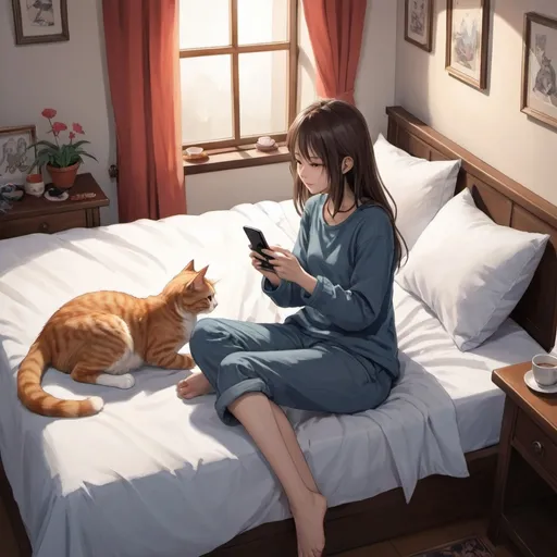 Prompt: a girl is sitting on a bed with a cat watching her on her phone and a cat laying on the bed, Fan Qi, sots art, anime art, an anime drawing