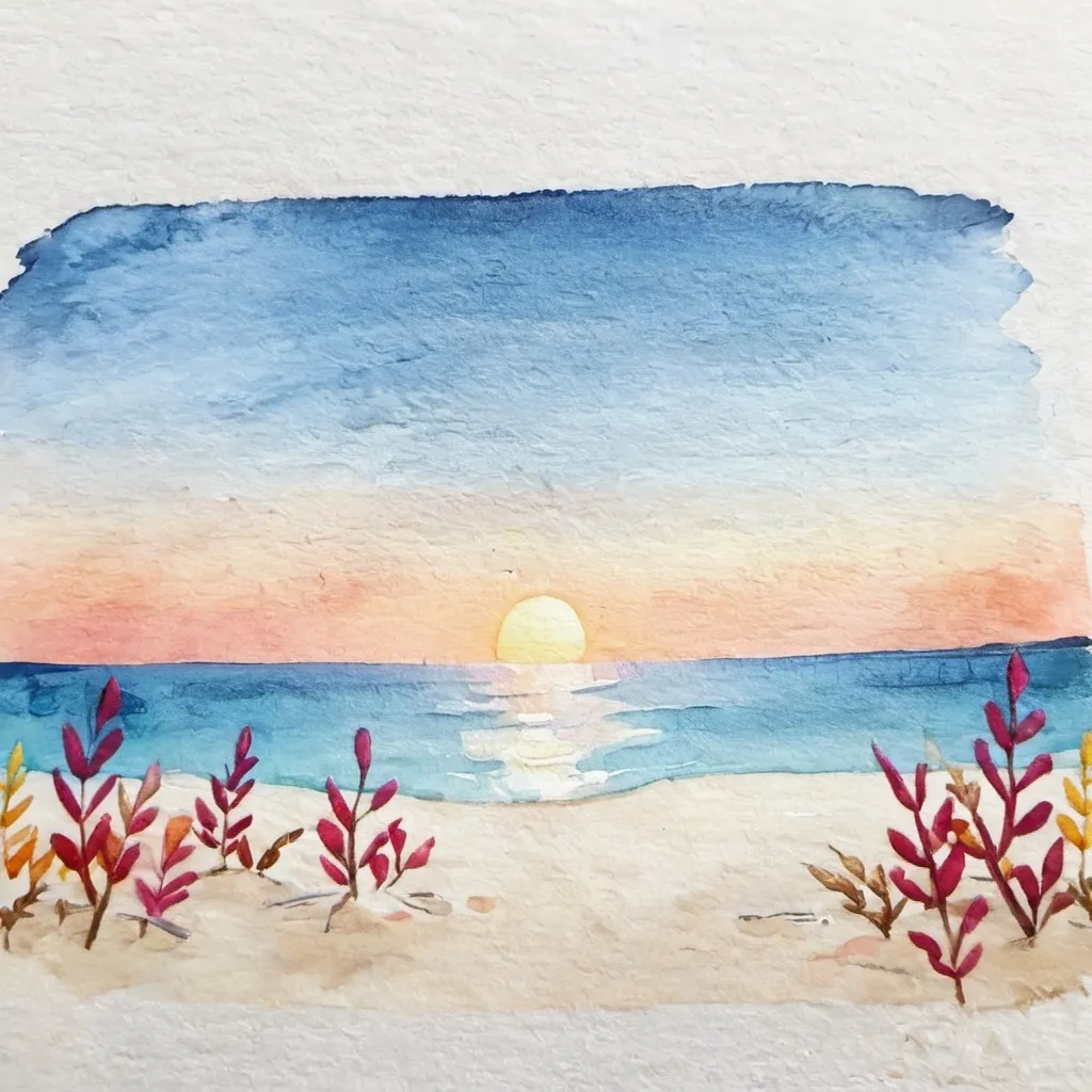 Prompt: blue water beech and the sand with the sunrise with bright colors