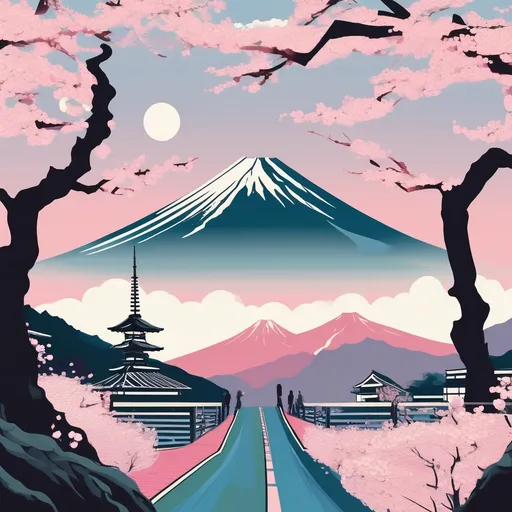 Prompt: Contemporary representation of mount fuji and a path with cherry blossoms in a cool palette