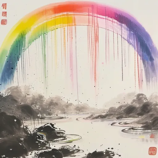 Prompt: Contemporary representation of the rainbow in colors and the rain with no Chinese text