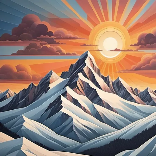 Prompt: contemporary depiction of Snow capped mountains with the sunrise 