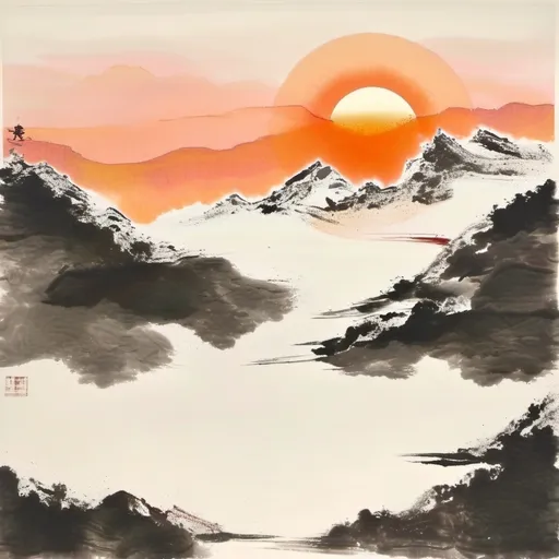 Prompt: contemporary depiction of Snow capped mountains with the sunrise