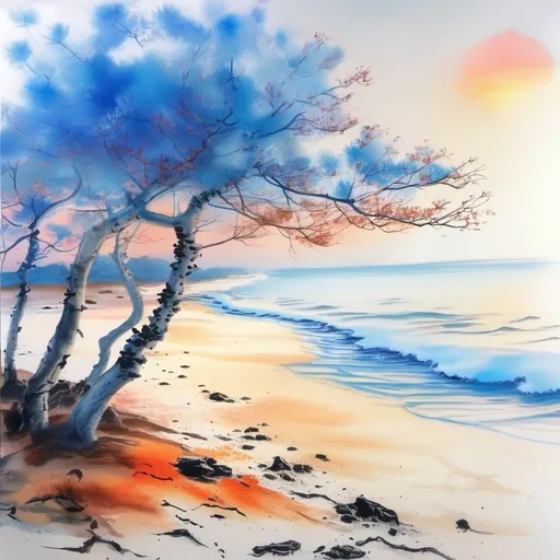 Prompt: blue water beech and the sand with the sunrise with bright colors