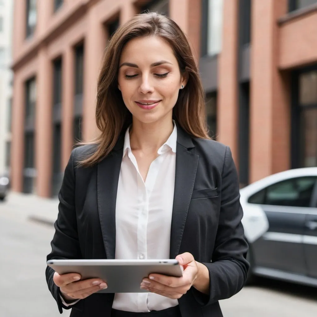 Prompt: Real estate accounting software on a tablet in the hand of a professional looking woman