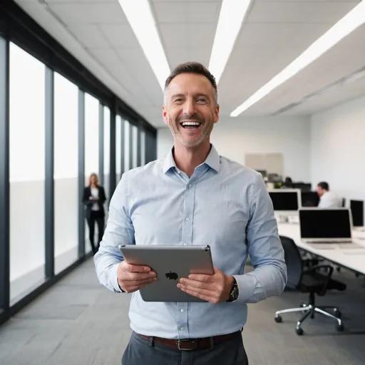 Prompt: professional happy man with an ipad in a large empty office