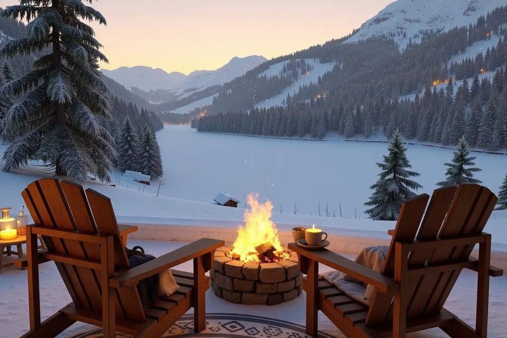 Prompt: A scenic view of two chairs looking towards the mountains. In front of the two wooden, comfortable chairs there is an open fire burning in a firepit and on the armrest of the chair on the right there are steaming hot cup of chocolate. The chairs are placed towards the mountain, which is filled with trees. The whole scene is covered in fresh snow, and it is still snowing. You can see a lot of trees and a lake in the distance that frozen en covered with snow. The sun just set and it becomes a little darker.