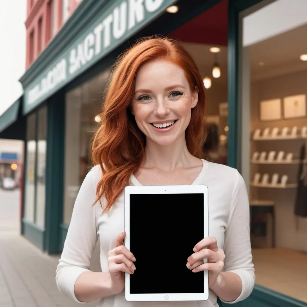 Prompt: Create an image for an ad with a happy woman with red hair standing in front of a empty store with an Ipad in her hand, looking at the store with a smile