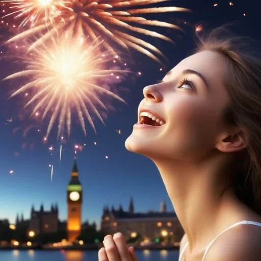 Prompt: Create a photo realistic page of a happy woman, looking up to fireworks, with the reflections of the fireworks on the surface of her skin.