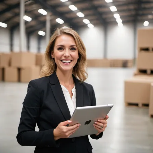 Prompt: professional happy woman with an ipad in a large empty warehouse