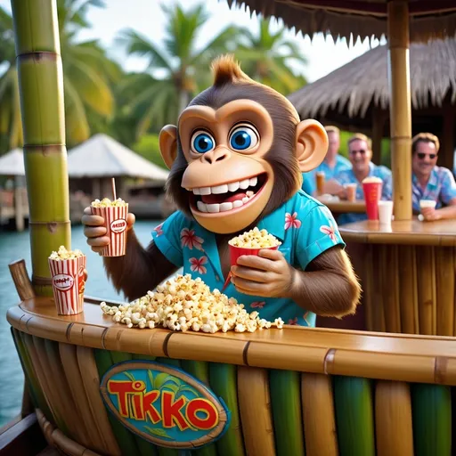 Prompt: Blue eyed happy monkey is skipping around on his feet serving popcorn and drinks on a tiki boat as all the customers that are wearing tropical tiki shirts are sitting on the bamboo barstools around the rectangular bamboo bar and also sitting in seats along the tiki boat bamboo railings that around the tiki boat perimeter looking at a big sixteen-foot square inflatable movie screen. On the movie screen it says Mono Loco Movie night reservations Call 3374 3994