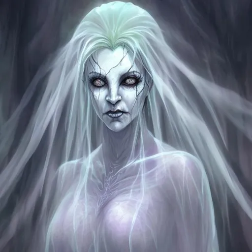 Prompt: fantasy horror portrait of a transparent female banshee ghost elf