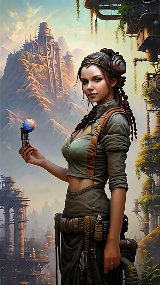 Prompt: airbrushed matte oil painting, masterpiece :1.4, best quality:1.0, beautiful female solarpunk settler, character portrait, in the style of Eric Belisle