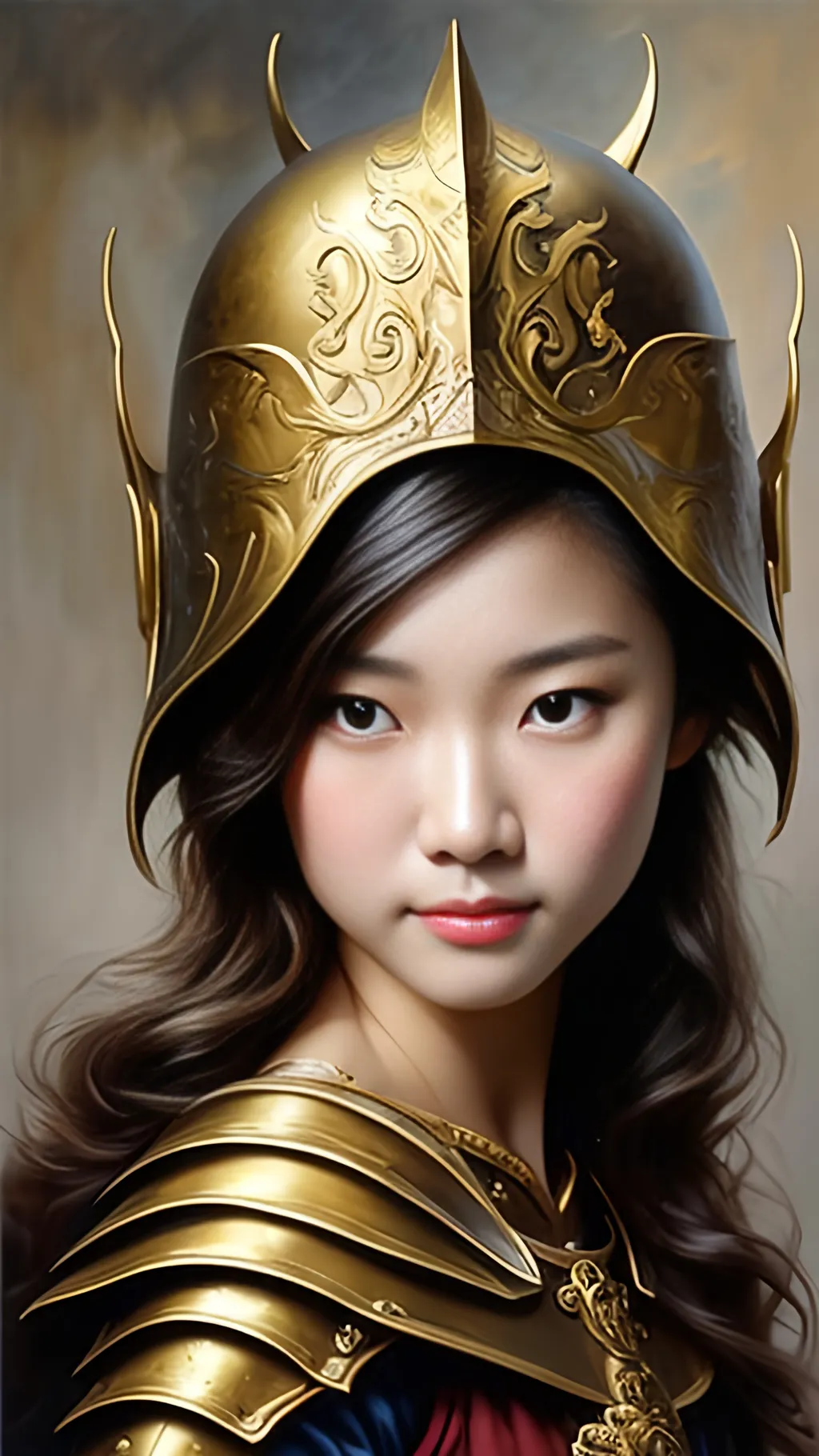 Prompt: airbrushed matte oil painting, masterpiece:1.4, best quality:1.0,
highly detailed, beautiful face, asian woman, medieval fantasy portrait, beautiful young female, paladin, gold plate armor, gold helmet, in the style of Eric Belisle