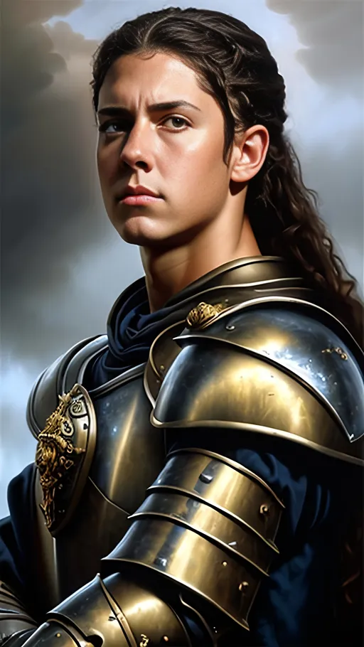 Prompt: airbrushed matte oil painting, masterpiece:1.4, best quality:1.0
realistic detailed face, medieval fantasy portrait, highly detailed, handsome young adult, paladin, stern look, gold plate armor, in the style of Eric Belisle