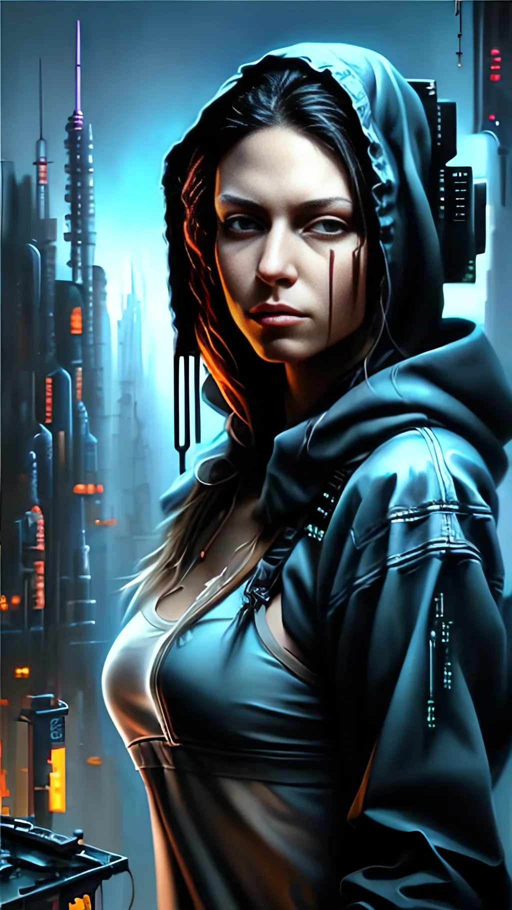 Prompt: airbrushed matte oil painting, masterpiece :1.4, best quality:1.0, cyberpunk, female hacker, character portrait, in the style of Eric Belisle