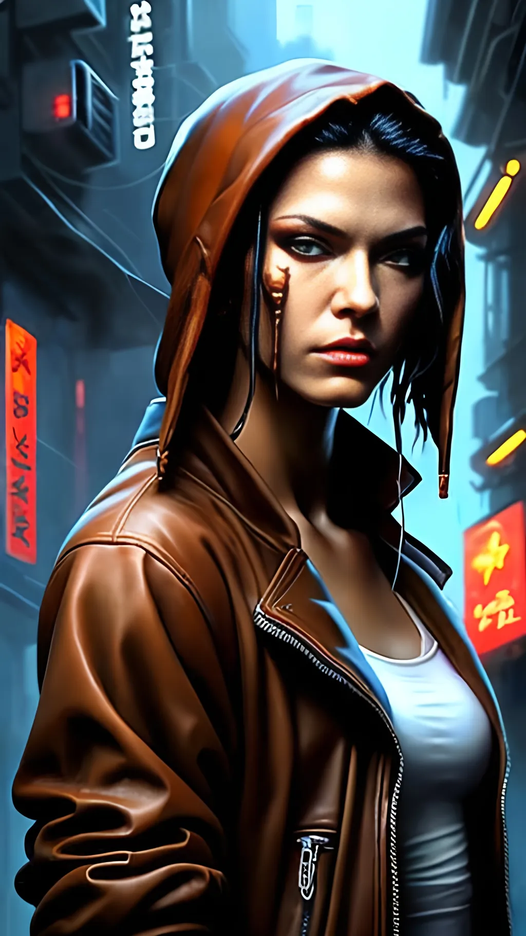 Prompt: airbrushed matte oil painting, masterpiece :1.4, best quality:1.0, cyberpunk, female street shaman wearing a brown leather jacket, character portrait, in the style of Eric Belisle