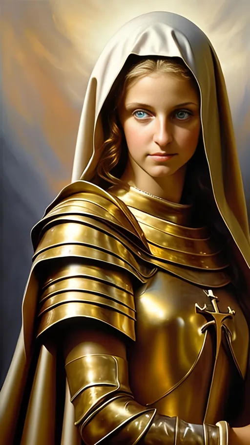 Prompt: airbrushed matte oil painting, masterpiece:1.4, best quality:1.0,
highly detailed, beautiful face, sun-tanned face, medieval fantasy portrait, beautiful young female, warrior nun, gold plate armor, in the style of Eric Belisle