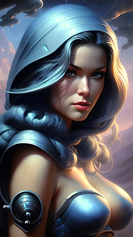 Prompt: airbrushed matte oil painting, masterpiece :1.4, best quality:1.0, retro-futuristic space fantasy heroine, beautiful face, scantily clad female, character portrait, in the style of Eric Belisle