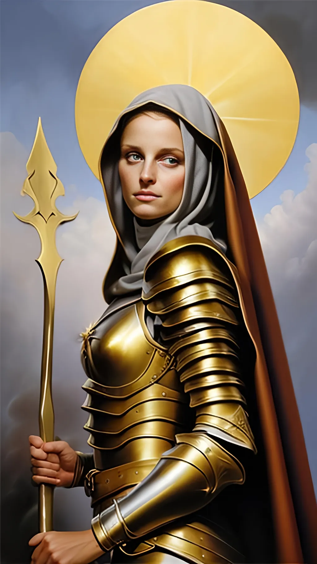 Prompt: airbrushed matte oil painting, masterpiece:1.4, best quality:1.0
beautiful tanned face, medieval fantasy portrait, pretty female warrior nun, gold plate armor, sun tan, in the style of Eric Belisle