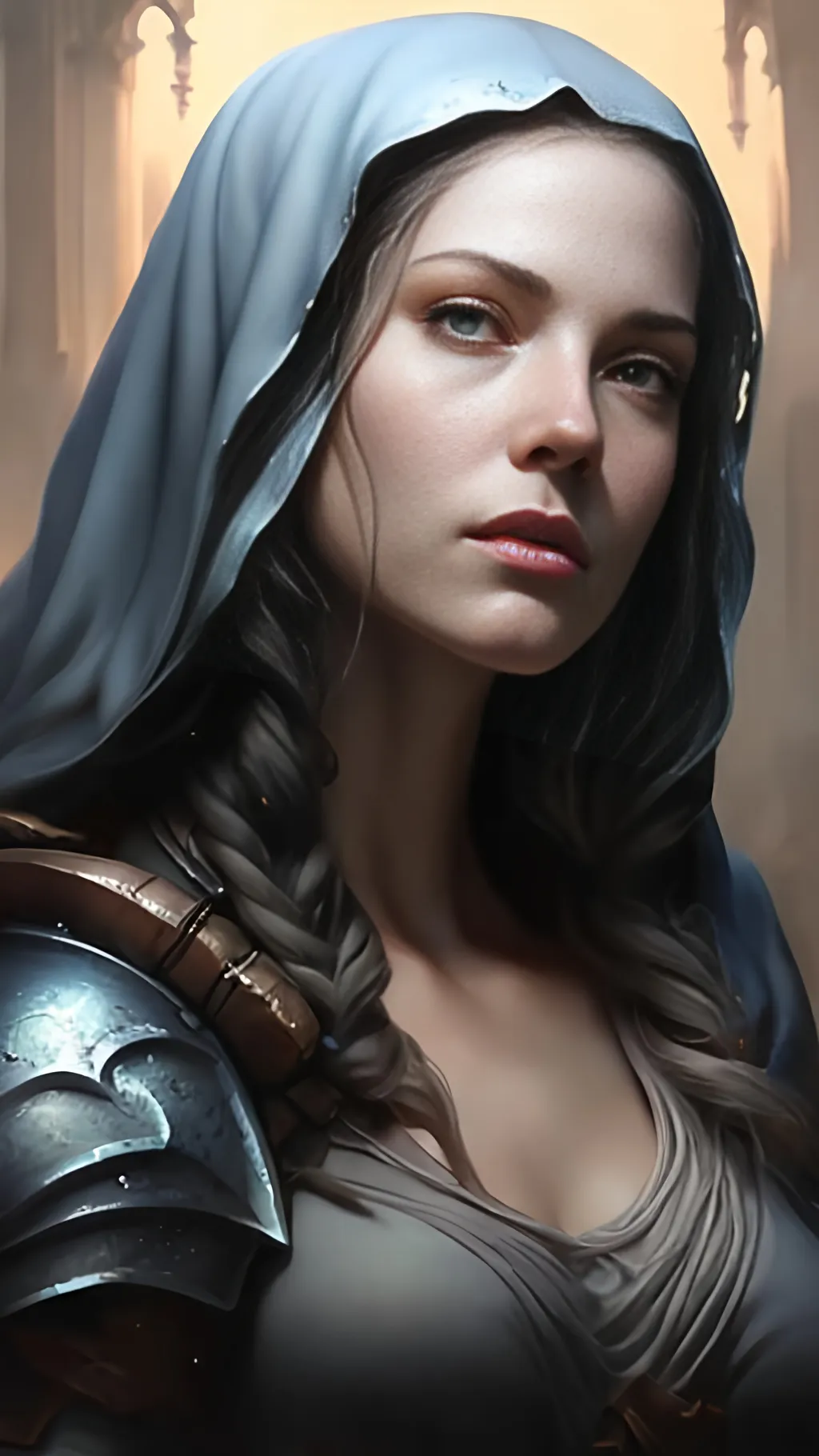 Prompt: airbrushed matte oil painting, masterpiece:1.4, best quality:1.0, photorealistic, highly detailed, medieval fantasy, character portrait, angelic face, female aasimar paladin, serene expression, in the style of Eric Belisle