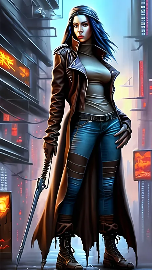 Prompt: airbrushed matte oil painting, masterpiece :1.4, best quality:1.0, cyberpunk, female mage wearing a brown leather jacket, character portrait, in the style of Eric Belisle