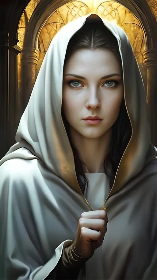 Prompt: airbrushed matte oil painting, masterpiece:1.4, best quality:1.0, photorealistic, highly detailed, medieval fantasy, beautiful soft face, full lips, serene expression, character portrait, serene expression, female aasimar warrior nun, golden sun amulet, white robes, in the style of Eric Belisle