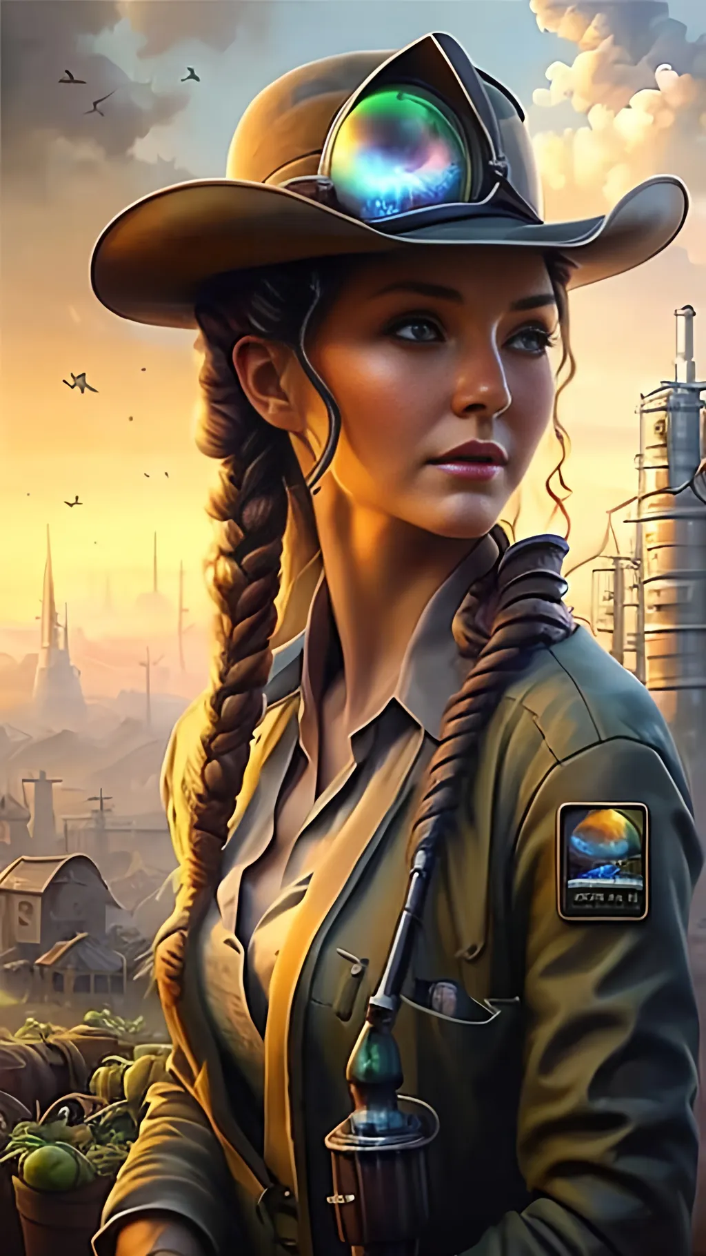 Prompt: airbrushed matte oil painting, masterpiece :1.4, best quality:1.0, optimistic future, beautiful female solarpunk agricultural town sheriff, character portrait, in the style of Eric Belisle