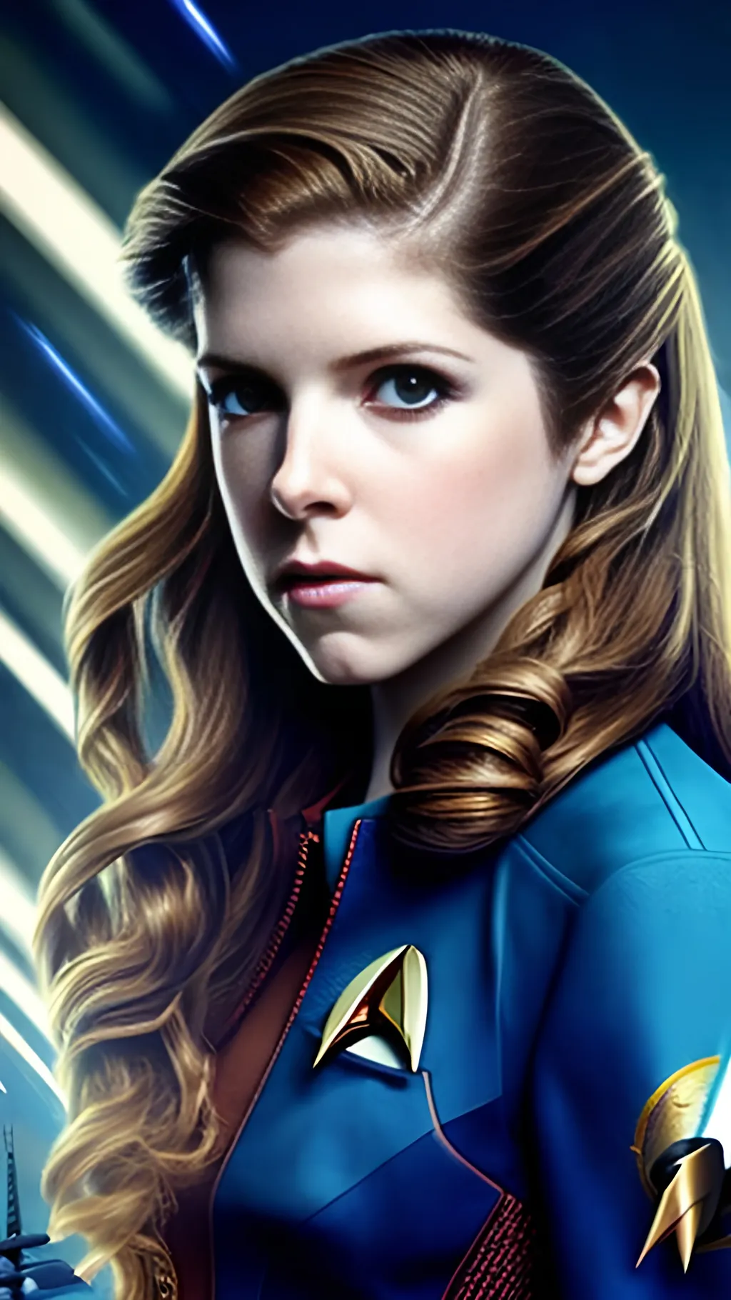 Prompt: airbrushed photograph, masterpiece :1.4, best quality:1.0, photorealistic, highly detailed, real world, beautiful face, Anna Kendrick as a Starfleet Captain