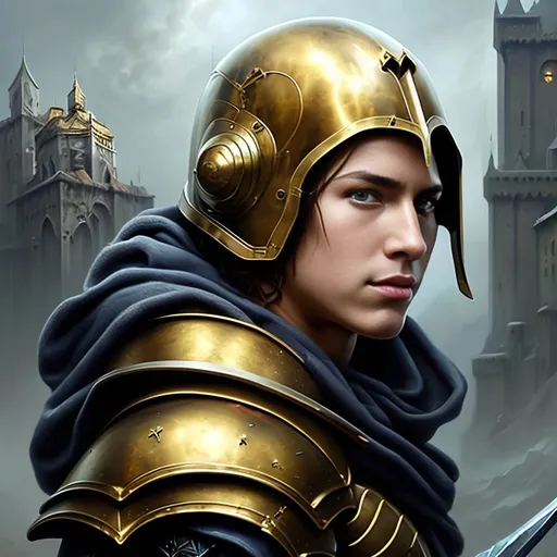 Prompt: airbrushed matte oil painting, masterpiece:1.4, best quality:1.0
realistic beautiful face, medieval fantasy portrait, highly detailed; handsome young female paladin, gold plate armor, in the style of Eric Belisle