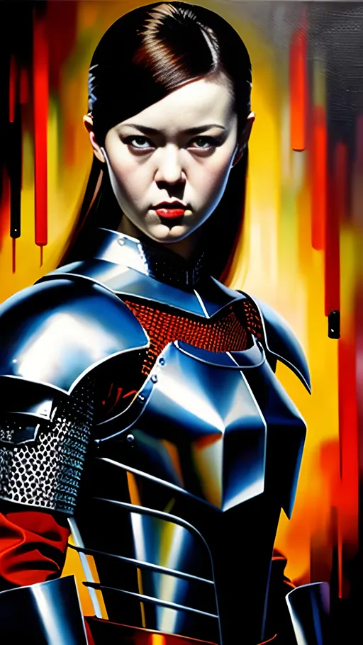 Prompt: stylized oil painting, (masterpiece:1.0), (best quality:1.0), european medieval fantasy, female, character portrait, armored warrior, chainmail