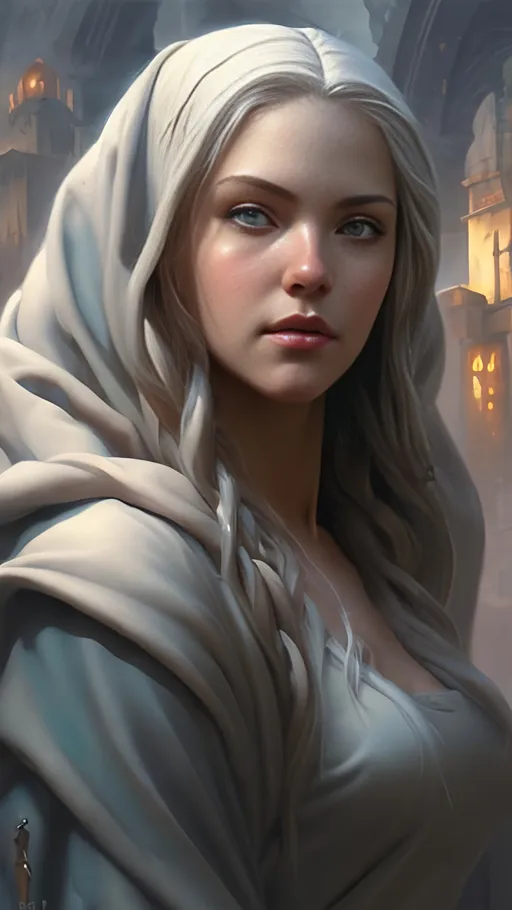 Prompt: airbrushed matte oil painting, masterpiece:1.4, best quality:1.0, photorealistic, highly detailed, medieval fantasy, character portrait, angelic face, female aasimar, serene expression, in the style of Eric Belisle