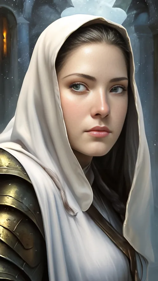 Prompt: airbrushed matte oil painting, masterpiece:1.4, best quality:1.0, photorealistic, highly detailed, medieval fantasy, beautiful soft face, full lips, serene expression, character portrait, serene expression, female aasimar, armored warrior nun, golden sun amulet, white robes, in the style of Eric Belisle