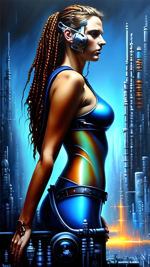 Prompt: airbrushed oil painting, masterpiece :1.4, best quality:1.0, cyberpunk, female, character portrait, in the style of Eric Belisle